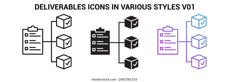 Deliverables icon represented by Deliverables simple symbol Line, Filled, Gradient style.