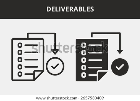 Deliverables Icon Set Double Style Collection. Contains Outline and Glyph Style Icons. Deliverables Outline and Glyph Style Icon Collections