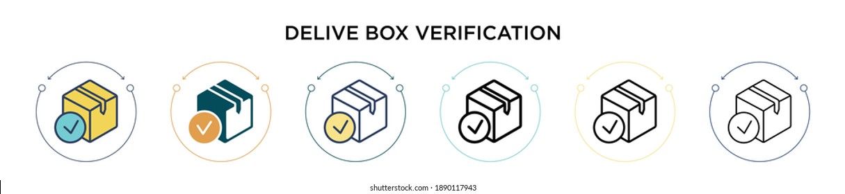 Delivered box verification icon in filled, thin line, outline and stroke style. Vector illustration of two colored and black delivered box verification vector icons designs can be used for mobile,