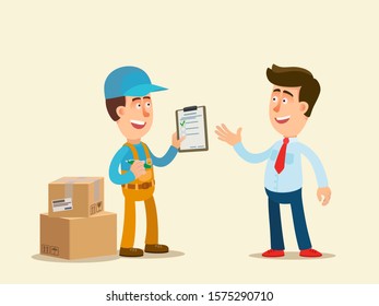 Сourier delivered the man parcel, asks to sign document. Man is very glad that package brought to home very fast. Express delivery service. Vector illustration falt cartoon style. Isolated background.