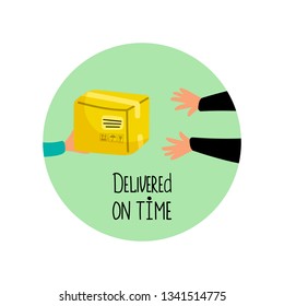 Delivered on time vector icon with package and hands. Illustration of box package delivery, service express delivering