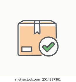 Paquete entregado con icono de marca de verificación. Ilustración de una caja de cartón con una marca de verificación, que representa un paquete entregado.