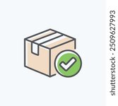 Delivered package icon with checkmark. A simple, modern icon depicting a package with a checkmark, symbolizing successful delivery or completion.