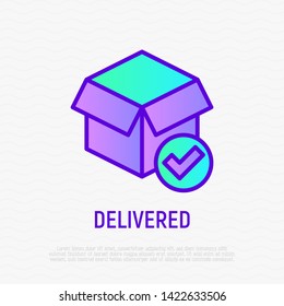 Delivered parcel: opened box with check mark. Thin line icon. Modern vector illustration for shipping service.