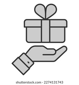 Delivered parcel with ribbons on the palm - icon, illustration on white background, grey style