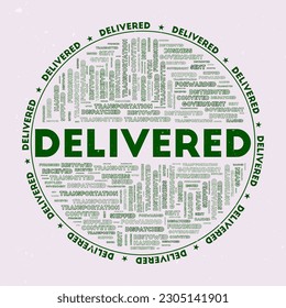 Delivered - round badge. Text delivered with keywords word clouds and circular text. Duck Hunt color theme and grunge texture. Vibrant vector illustration.