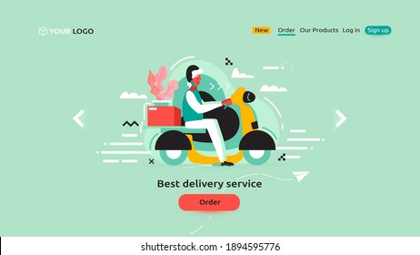 The deliverer is hurrying up to deliver an important package from somebody's order. Banner illustration or mock-up for the orders page for delivery, courier services website. Vector illustration.