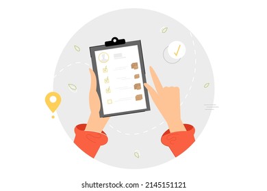 Deliverer reading order list. Fast delivery service concept. Vector illustration. 