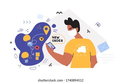 The deliverer received a message from a customer. He is trying to locate the address and his trip. He is wearing a mask in this difficult time a pandemic. Courier services. Vector illustration.