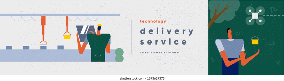 Deliveri Service, Drone Delivery. People And Technology In The Modern World. Vector Illustration. Web Size And Cover. Minimalistic Style For Animation And Presentations.