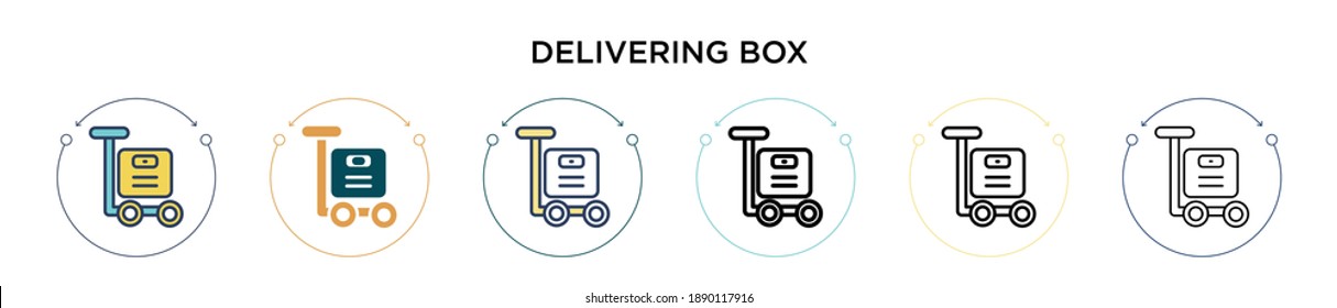Delivering box icon in filled, thin line, outline and stroke style. Vector illustration of two colored and black delivering box vector icons designs can be used for mobile, ui, web