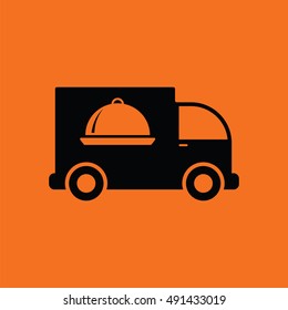 Delivering car icon. Orange background with black. Vector illustration.
