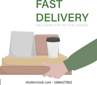 Delivering coffee, food and different boxes to customer at doorway. Fast delivery during  quarantine and Stay safe concept. Flat vector illustration
