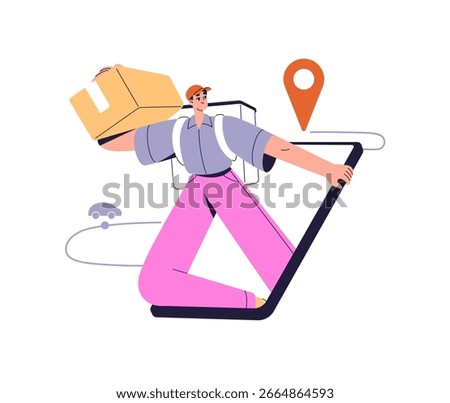 Delivering concept. Courier carries parcels. Carrier with backpack and box of orders on web by smartphone. Phone app of online delivery service. Flat isolated vector illustration on white background