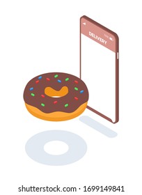 Delivering delicious hot donuts with chocolate brown icing online online. Order fast food from home using the app on your smartphone. Vector isometric illustration on white background. 