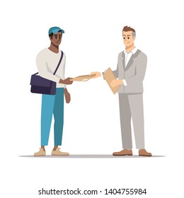 Delivering document to addressee flat illustration. Courier, errand boy giving envelope, parcel isolated cartoon character on white background. Businessman, manager receiving business correspondence