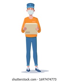 Delivering during a pandemic of coronavirus. A young delivery man in mask is standing with a box. Vector illustration.