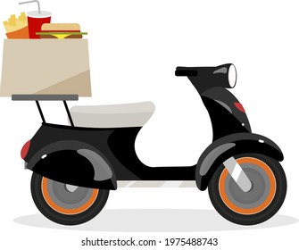 Delivering fast food on scooter flat color vector object. Ordering takeout from restaurant to home. Motorcycle delivery isolated cartoon illustration for web graphic design and animation