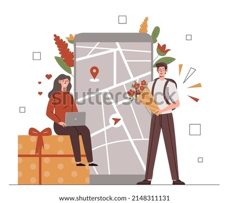 Delivering flowers concept. Man with backpack on his back brings bouquet to girl, characters on background of map. Modern service and logistics, online shopping. Cartoon flat vector illustration