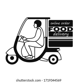 delivering the food to the car. black and white drawing with the inscription on the box food delivery, online order. stock vector illustration. EPS 10.