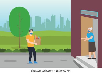 Delivering grocery shopping to an elderly woman 2D flat vector concept for banner, website, illustration, landing page, flyer, etc.