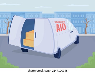 Delivering humanitarian aid to Ukraine flat color vector illustration. Emergency assistance. Relief cargo 2D simple cartoon cityscape with apartment buildings on background. Bebas Neue font used