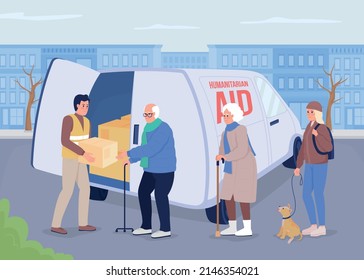 Delivering humanitarian relief flat color vector illustration. Volunteer providing humanitarian aid to vulnerable people 2D simple cartoon characters with cityscape on background. Bebas Neue font used