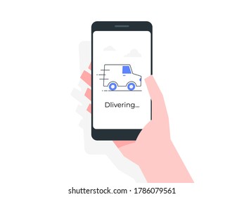 Delivering icon on mobile screen with hand holding mobile phone. Online shopping concept illustration.