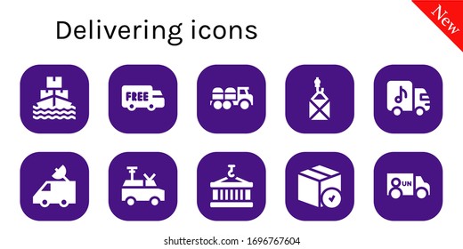 entregar conjunto de iconos. 10 iconos de entrega rellenos. Iconos de envío, envío, Coche, paquete, camioneta, contenedor incluidos