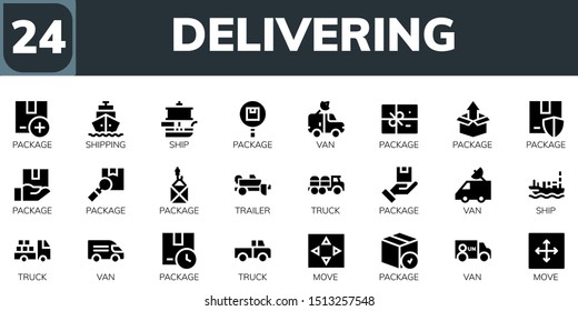 delivering icon set. 24 filled delivering icons.  Collection Of - Package, Shipping, Ship, Van, Trailer, Truck, Move icons