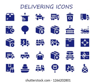 delivering icon set. 30 filled delivering icons. Simple modern icons about  - Package, Trailer, Truck, Container, Ship, Van, Move