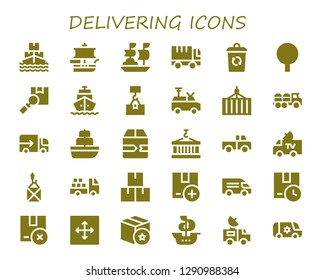  delivering icon set. 30 filled delivering icons. Simple modern icons about  - Ship, Truck, Container, Package, Shipping, Van, Lorry, Fast delivery, Move