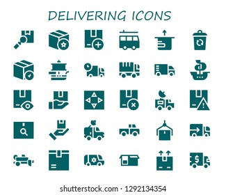  delivering icon set. 30 filled delivering icons. Simple modern icons about  - Package, Van, Container, Ship, Truck, Move, Lorry, Trailer, Shipping