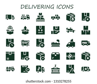 delivering icon set. 30 filled delivering icons.  Simple modern icons about  - Truck, Ship, Package, Trailer, Van, Cargo, Shipping, Container