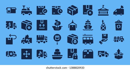 delivering icon set. 32 filled delivering icons. on blue background style Collection Of - Package, Truck, Van, Move, Ship, Shipping, Container