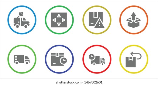 delivering icon set. 8 filled delivering icons.  Collection Of - Van, Truck, Move, Package
