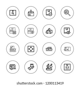 Delivering icon set. collection of 16 outline delivering icons with move, package, ship, shipping, trailer icons.