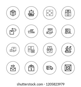 Delivering icon set. collection of 16 outline delivering icons with move, package, ship, shipping, trailer icons.