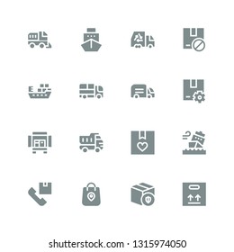 delivering icon set. Collection of 16 filled delivering icons included Package, Shipping, Ship, Truck