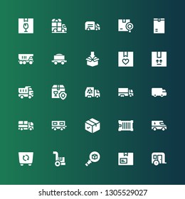 delivering icon set. Collection of 25 filled delivering icons included Trailer, Package, Cargo, Container, Truck, Shipping, Freight