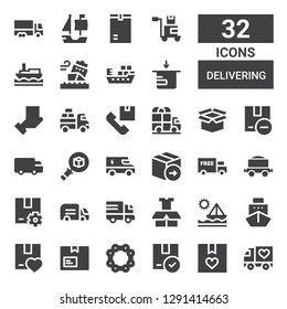 delivering icon set. Collection of 32 filled delivering icons included Truck, Package, Chain, Ship, Freight, Shipping, Van