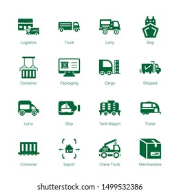 delivering icons. Editable 16 delivering icons. Included icons such as Logistics, Truck, Lorry, Ship, Container, Packaging, Cargo, Shipped, Tank wagon. delivering trendy icons for web.