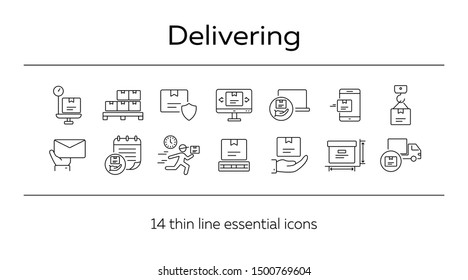 Delivering icons. Set of line icons. Fast package, mobile parcel, box weight. Logistics concept. Vector illustration can be used for topics like shipment, post service, freight
