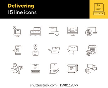 Delivering icons. Set of line icons. Fast package, mobile parcel, box weight. Logistics concept. Vector illustration can be used for topics like shipment, post service, freight