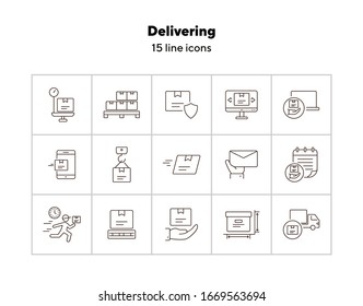 Delivering icons. Set of line icons. Fast package, mobile parcel, box weight. Logistics concept. Vector illustration can be used for topics like shipment, post service, freight