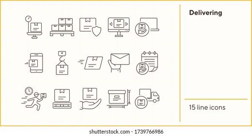 Bereitstellung von Symbolen. Satz von Zeilensymbols. Schnelles Paket, mobiles Paket, Gewicht der Box. Logistikkonzept. Vector Illustrationen können für Themen wie Versand, Post, Fracht verwendet werden