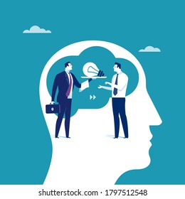 Delivering An Idea. Custom Solution  Concept. The Businessman Brought A Light Bulb, Metaphorical Representation Of The Idea On A Tray. Vector Illustration.