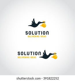 Delivering Ideas. Stork Bird Carrying Lightbulb Baby. Represents the Concept of Birth of Idea, Intelligence, Fresh Solutions etc. Conceptual Minimal Simple  Symbol. Memorable Visual Metaphor.