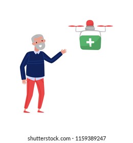 Delivering medicine to a pensioner, senior man welcoming multicopter handling box order, fast delivery service vector Illustration on a white background
