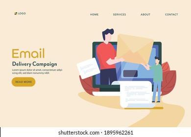 Delivering online email message, Email delivery successful, Email network, Online messenger communication - conceptual vector landing page illustration